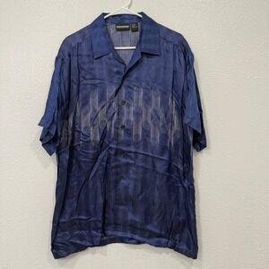 Odo Men Blue Silk Rayon Graphic Short Sleeve Button Down Shirt Large Vintage